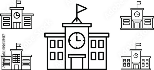 Modern School Building Line Icon Set with Clock Tower and Flag, Minimal Educational Architecture Vector Illustration Collection