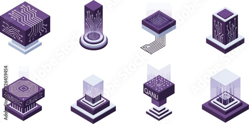 Isometric server racks and computer chip modules represent digital data storage and high.
