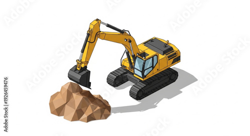 Yellow Excavator Digging Soil Ground.