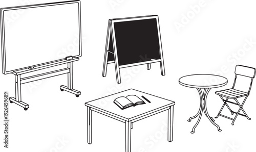 Collection of Educational and Cafe Furniture Line Art Illustrations whiteboard easel