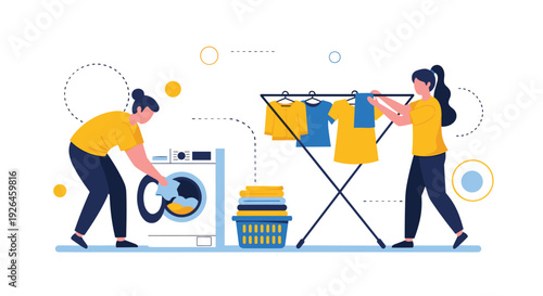 Domestic life scene showing two women engaged in household chores like washing and drying clothes using a machine and a drying rack.