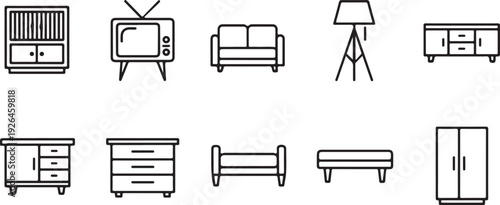 Line Art Icons of Various Furniture and Home Appliances illustration