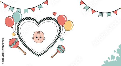 Adorable baby boy announcement card template featuring a heart-shaped frame surrounded by colorful balloons, rattles, and festive buntings.