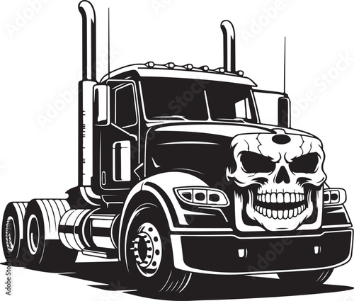 black and white illustration of semi truck with skull on front