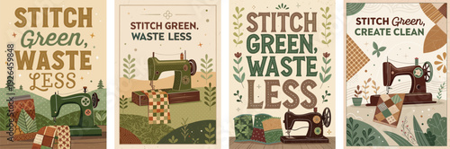 Vintage sewing machine illustrations promoting sustainability through recycling crafts.