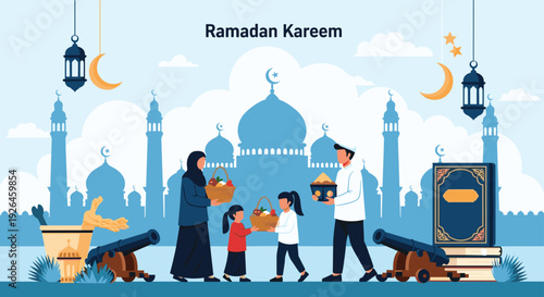 Ramadan kareem celebration illustration showing a muslim family with children carrying baskets in front of a blue mosque silhouette.