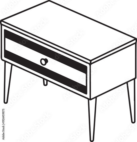 Line Art Illustration of a Mid- Century Modern Nightstand with One Drawer bedside table