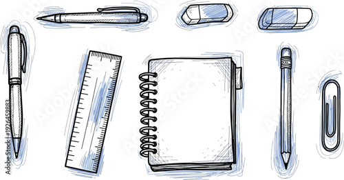 Assorted stationery items including pens, erasers, ruler, paperclip, and spiral notebook.