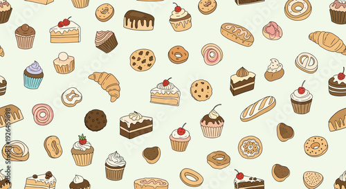 Seamless pattern featuring a delightful assortment of hand-drawn cakes, cookies, and other sweet bakery treats on a light background.