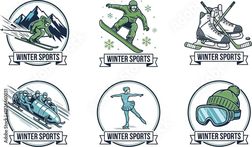 Winter sports emblems showcase activities like snowboarding, skiing, bobsledding, and figure.