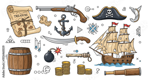Collection of pirate adventure elements including a ship, treasure map, skull hat, weapons, coins, and nautical tools in doodle style.