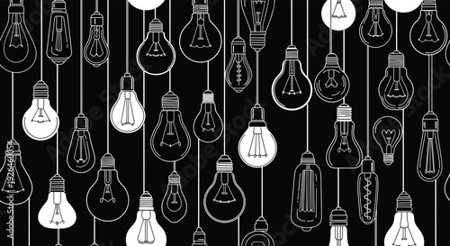 Stylish black and white seamless pattern featuring an array of various hanging light bulbs representing ideas, creativity, and innovation.