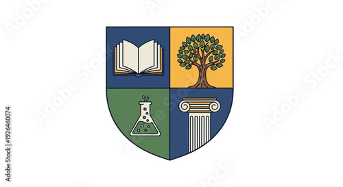 Educational emblem with book, tree, flask, and column symbols