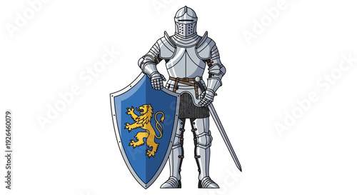 Medieval knight in full armor with shield and sword