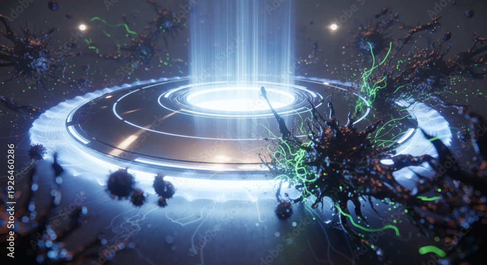 Obraz premium Robust digital shield and biological immunity system actively defending against viral threats and cyber-attacks, symbolizing powerful protection and security measures