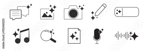 Ai generated audio or media icon set. Ai star sparkle symbol, creative artificial intelligence and machine learning technology concept. Generative AI. music generated, image generate, magic pencil