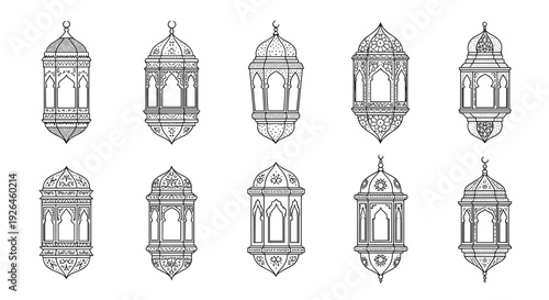 Set of ten detailed black and white sketches of ornate traditional lanterns often used for ramadan and middle eastern festivals.