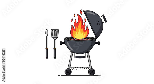 Illustration of a Charcoal Grill with Flames and BBQ Utensils