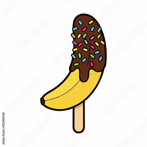 Yellow Banana Dipped in Chocolate with Colorful Sprinkles on a Stick Isolated on White Background