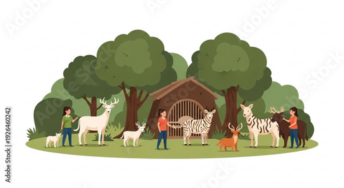 People interacting with animals in a serene forest sanctuary surrounded by trees and a wooden shelter