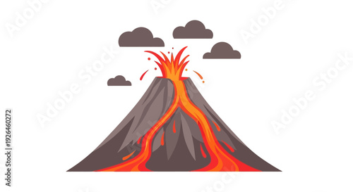 Erupting volcano illustration with flowing lava and smoke clouds