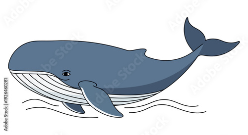 Cartoon blue whale swimming with gentle waves in vector illustration