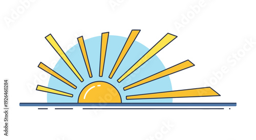Minimalist sunrise illustration with sun rays and blue sky