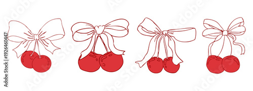 Coquette cherry with bow set. Cute cherries with ribbon. Elegant girly y2k for posters, cards, logo, printing. Aesthetic, trendy pink girly berry crafts bows coquette,