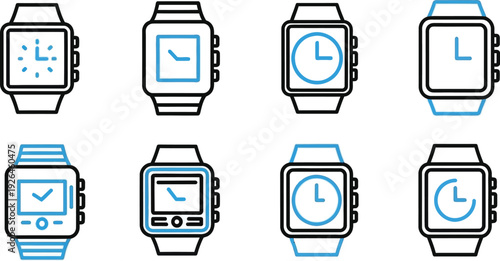 Eight modern smartwatch icons display various digital watch faces and interface designs.
