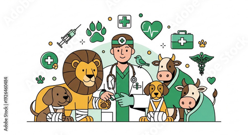 Veterinarian doctor examining various animals including lion dog goat and cow in a clinic surrounded by medical icons