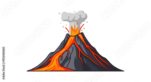Erupting volcano illustration with lava flow and smoke on white background