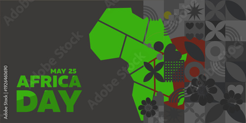 Africa Day banner with green map silhouette on dark background with geometric patterns, vector illustration