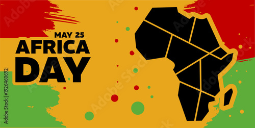 Africa Day banner with black map silhouette on yellow background with red and green brush strokes, vector illustration