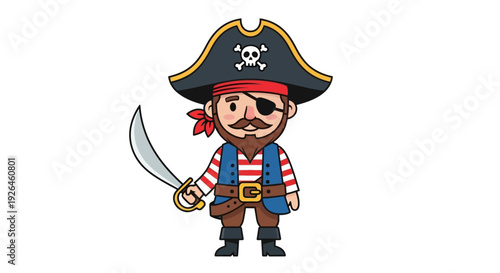 Cartoon pirate character with eyepatch and sword on white background