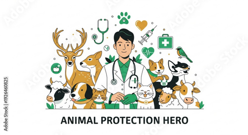 Veterinarian surrounded by diverse animals and medical symbols representing animal protection and care in a cartoon style illustration