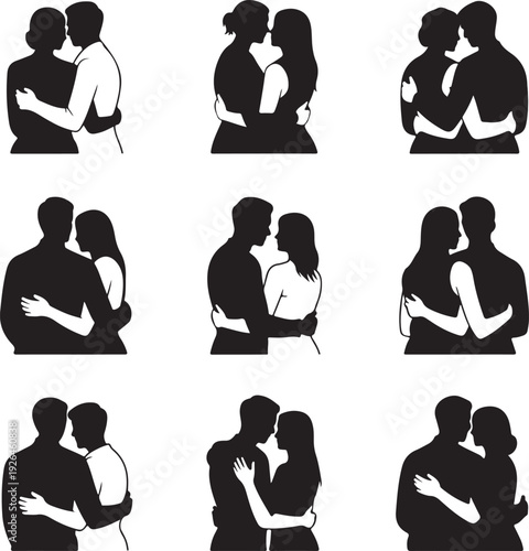 black silhouettes of couples embracing and kissing each other