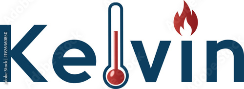 Modern HVAC Logo Design Featuring Kelvin Text with Thermometer and Fire Flame Icon