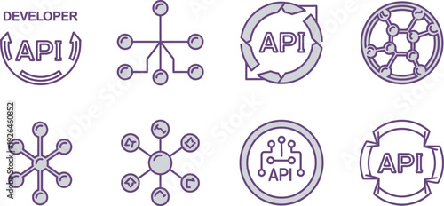 Various API icons symbolize application programming interfaces, data exchange, and developer.