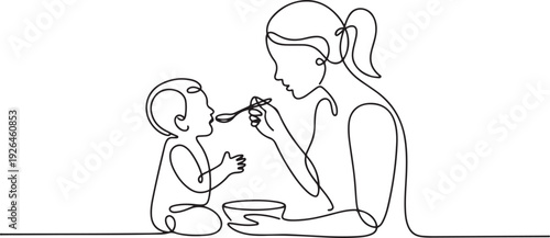 One continuous line a mother feeds her son. Minimalist style vector. one line Icon drawing