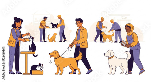 Veterinarians and pet owners interacting with dogs and cats in a clinical setting with various animals on tables and leashes