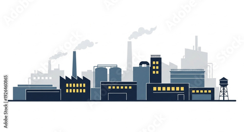 Industrial cityscape with factories and smokestacks against a white sky background.