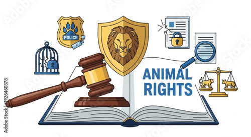 Animal rights concept with gavel shield and open book on white background representing justice and protection