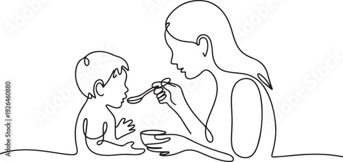 One continuous line a mother feeds her son. Minimalist style vector. one line Icon drawing