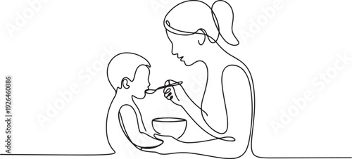 One continuous line a mother feeds her son. Minimalist style vector. one line Icon drawing