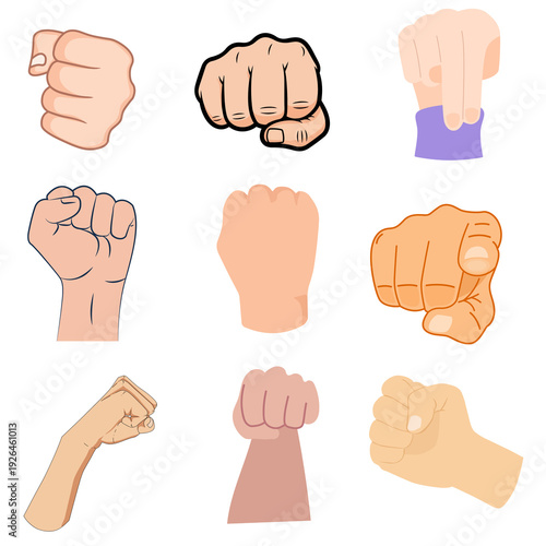 Versatile vector collection of human hand gestures showcasing power, protest, and communication through various clenched fists and pointing fingers