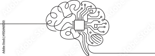 Continuous line design of computer circuit board in human brain. Artificial brain intelligence technology design concept. one line Icon drawing