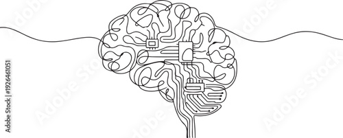Continuous line design of computer circuit board in human brain. Artificial brain intelligence technology design concept. one line Icon drawing