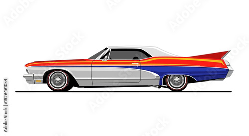 Colorful vintage car illustration with vibrant stripes and classic design