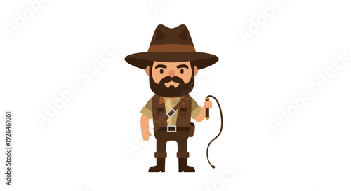 Cartoon explorer character with hat and whip in adventure outfit