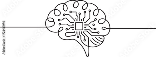 Continuous line design of computer circuit board in human brain. Artificial brain intelligence technology design concept. one line Icon drawing